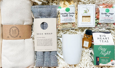 Introducing the Warm & Cozy Care Package, the perfect gift set for sending to a loved one who needs a little extra warmth! Each package contains a luxurious Turkish throw blanket for snuggling up in, a soothing neck wrap to help ease tension and aches, and two delicious soup mixes - chicken noodle and garden veggie - to warm you up from the inside out.