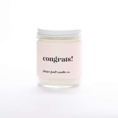 Congrats! Non-Toxic Soy Candle.  Scent: Blackberry Amber.   Hand poured, made using only vegan + cruelty free, sustainable ingredients.  Clean burning wax made from American grown soybeans. Non-toxic, paraben & phthalate free fragrances.  **Scent Guide located in photos**  Standard jar is a 9 oz jar, with approximately 7 oz of wax - burn time approximately 50+ hours.