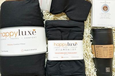 The perfect gift for the frequent traveler! Our Travel Comfort Gift Set is the perfect accompaniment for any journey. Set includes a Travel comfort pillow, Travel Wrap/Blanket, Eye Mask, 16oz Insulated Tumbler with Locking Lid, and Pour Over Coffee. The Travel comfort pillow provides you with ergonomic comfort and relaxation anywhere. The Travel Wrap/Blanket is a lightweight, wearable comfort accessory for on-the-go, a cozy cover up for chilly flights.  