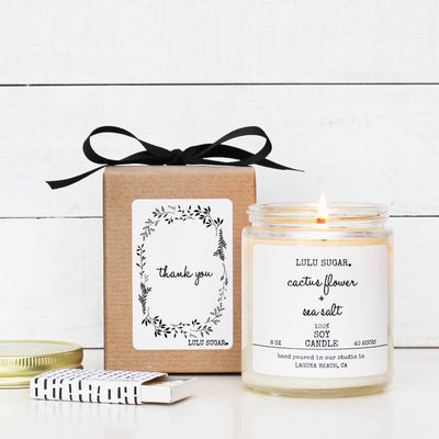 Scent: Cactus Flower + Sea Salt, 8 oz   Eco-friendly, American grown soy wax and combine it with a carefully formulated blend of the finest essential and fragrance oils to create a truly unique candle experience.  Candles are made with cotton core wicks, are phthalate free, paraffin free, lead free and dye free.   