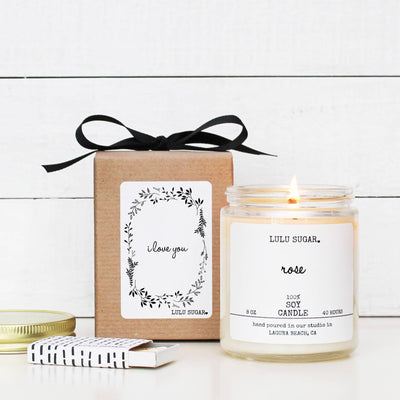 'I Love You' Soy Candle - 8 oz.   We use eco-friendly, American grown soy wax and combine it with a carefully formulated blend of the finest essential and fragrance oils to create a truly unique candle experience.  Our candles are made with cotton core wicks, are phthalate free, paraffin free, lead free and dye free. They are hand poured in our studio in Orange County, CA.