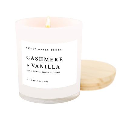 Cashmere and Vanilla, 11 oz Soy Candle  SCENT NOTES:  Top: Milky Coconut Middle: Jasmine, Soft Cashmere, Bourbon Vanilla, Pear Base: Creamy Sandalwood, Tonka Bean, Exotic Musk    CANDLE INFO:  Volume: 11oz | 214g Net Weight | 3 x 3 x 3.5" Burn Time: 50+ Hours Wick: 100% Cotton (Lead & Zinc Free) Wax: Proprietary Soy Based Wax Blend | Vegan, Non-GMO, Kosher Premium Fragrance Oil Gluten Free, Phthalate Free, Non-Toxic, Cruelty Free Made in Pittsburgh, PA