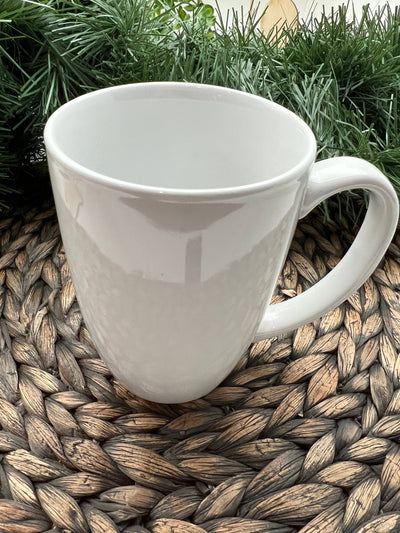 16 oz White, large coffee mug.  Smooth molded ceramic composite glossy vibrant white exterior finish.  High curved grip for easy grab-n-go handling.    Made in Burlington, NC.