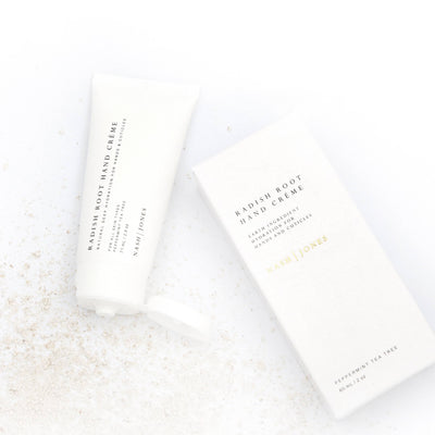 Our rich Hand Crème uses a luxurious formula to nourish dry skin on hands and cuticles.  The earth ingredients sink deep quickly and create a barrier to prevent future dryness.  The light peppermint scent is created with essential oils.  2 oz in a super soft tube