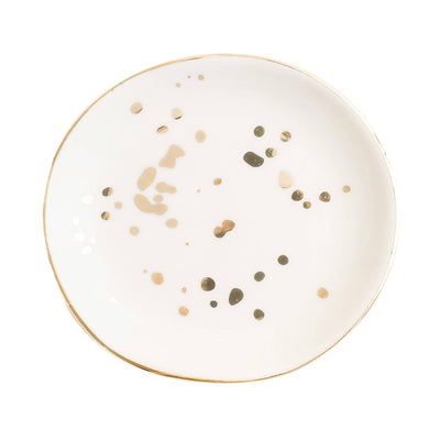 Organize jewelry in style with our White Gold Speckled Jewelry Dish. This beautiful white trinket tray is the perfect addition to any room. The gold foil details add a touch of chic glam, making it easy to dress up any space!