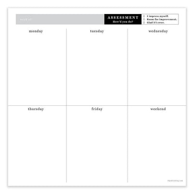 Executive Weekly Square Schedule Pad 52 pages 7.75" x 7.75" Thick paper Can use as a mousepad Staying organized is a snap with this professional black and white weekly, open dated executive memo mouse pad.  Jot down your weekly schedule on the daily, weekly segments and your daily notes, then tear it off and start anew the next week. The desk pad is perfect for your desk, kitchen counter and can also double as a mouse pad. 