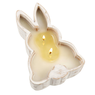 Hyacinth 2-wick Wood Rabbit Bowl Candle.  Fresh picked hyacinth is paired with sweet pineapple and cloved ylang to produce this fresh from the garden aroma.