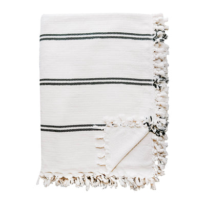 Luxurious, perfectly soft, 100% Turkish Cotton Blanket.  This is ideal for a queen bed, beach blanket, or beach towel, throw blanket, and more.  Each blanket is unique and my vary slightly in size, color, and weight.  DETAILS:  Size: Approximately 65 x 85" Color: Cream with black stripes (actual color may appear warmer/cooler and lighter/darker in person) Medium Weight 100% Turkish Cotton Made in Turkey