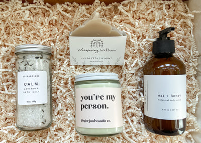 This fun gift is sure to bring a smile to their face.  This gift set is a perfect gift for your spouse, friend, girlfriend, or anyone that is your person.  The gift receiver will enjoy the calming lavender bath salt, 'You're my person' soy candle, handmade bar soap and soothing oat + honey body lotion. 