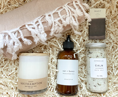 Send them a gift that will help them to unwind.  This is a lovely way to let someone know you are thinking of them, for a special occasion or to show your gratitude.  They will surely enjoy the Turkish towel, luxurious soy candle, lavender bath salts, soothing oat & honey body lotion and delicious dark chocolate. 